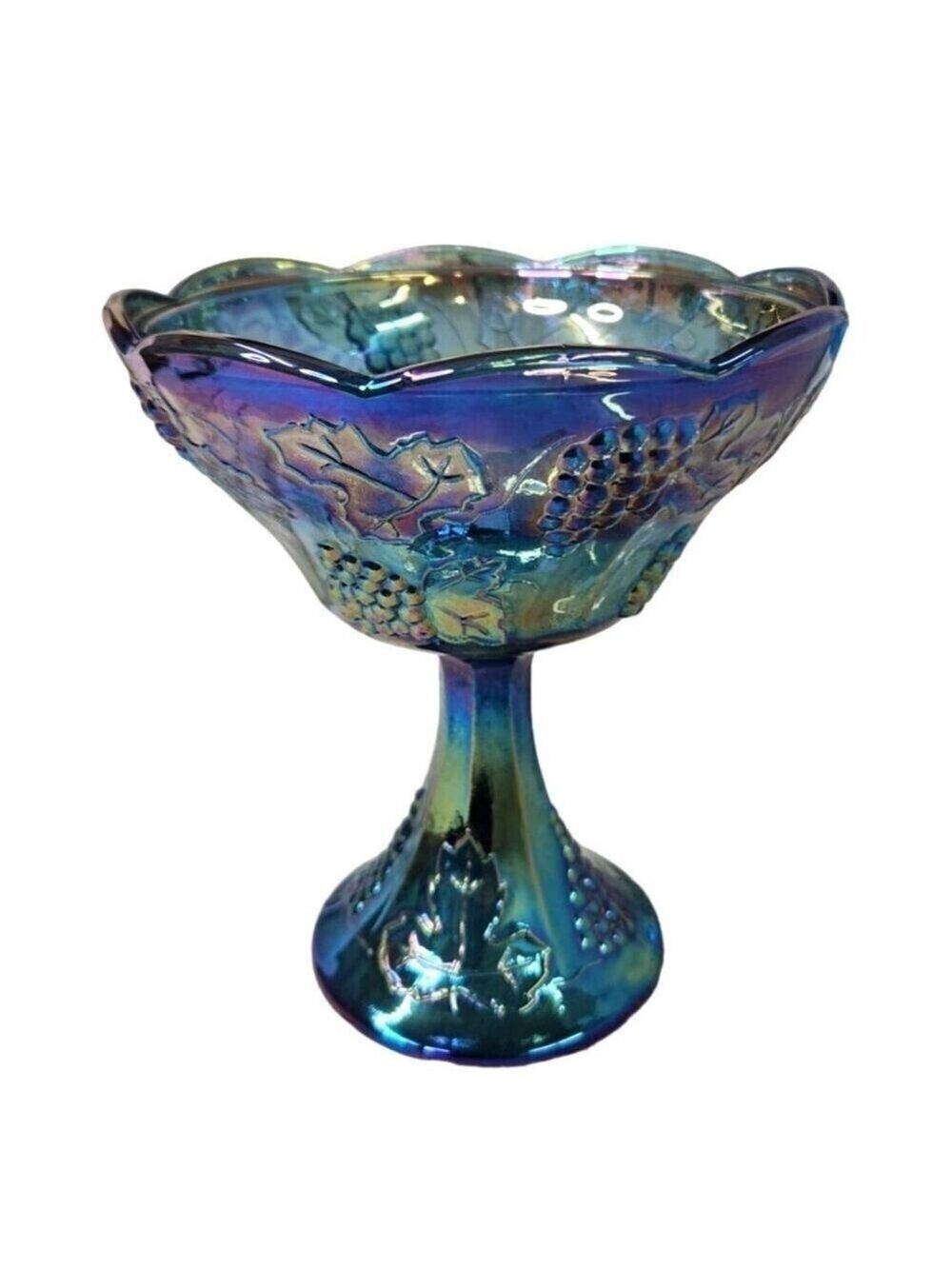 Indiana Carnival Glass Compote Bowl Blue Grape Leaf Vintage - Picture 1 of 6